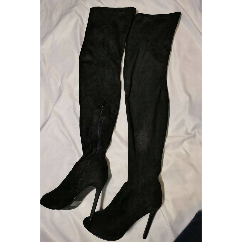 OLIVIA JAMES Women's Black Faux Velvet Knee Length Boots Size 7